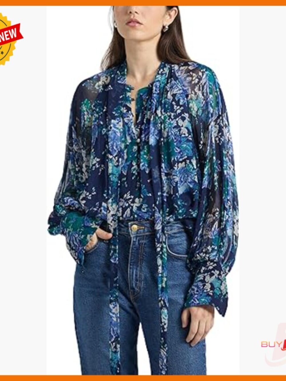 Tie Neck Blouse Floral Print Crinkle Chiffon Regular Fit Blouse
